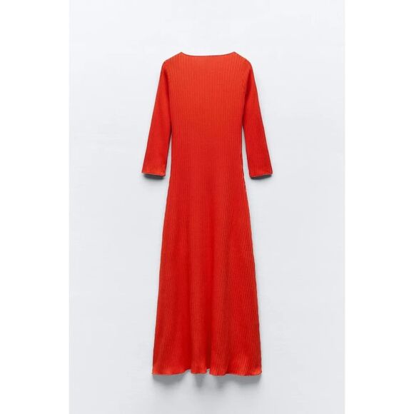 Orange Zara V-Neck Rib Knit Long Sleeve Pullover Long Maxi Dress (NWT) - Picture 2 of 5